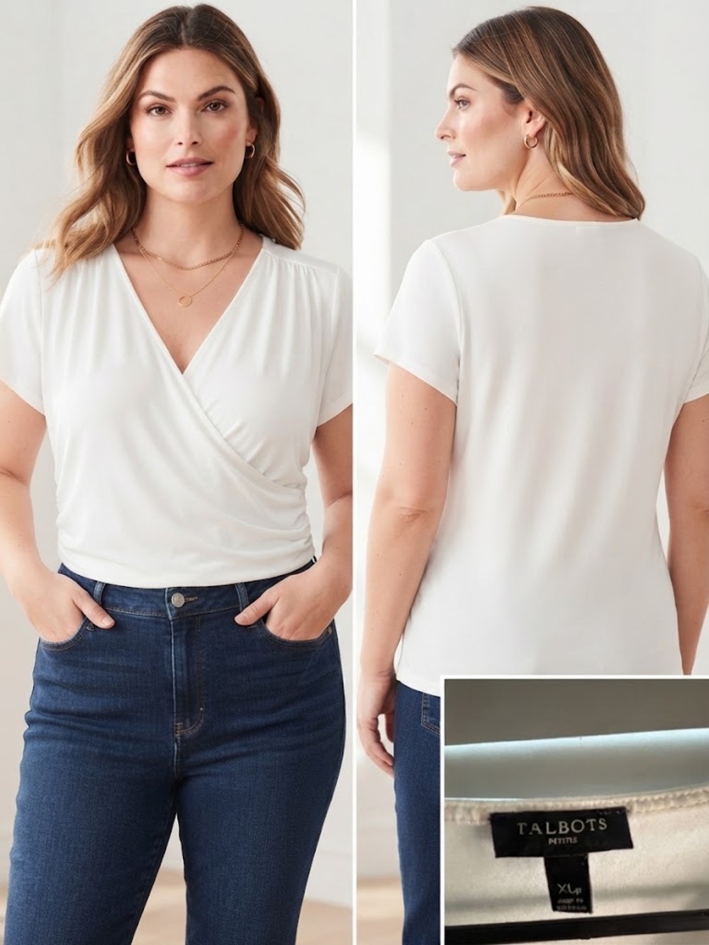 Talbots Petites XLp White Faux Wrap Ruched Tee Blouse
